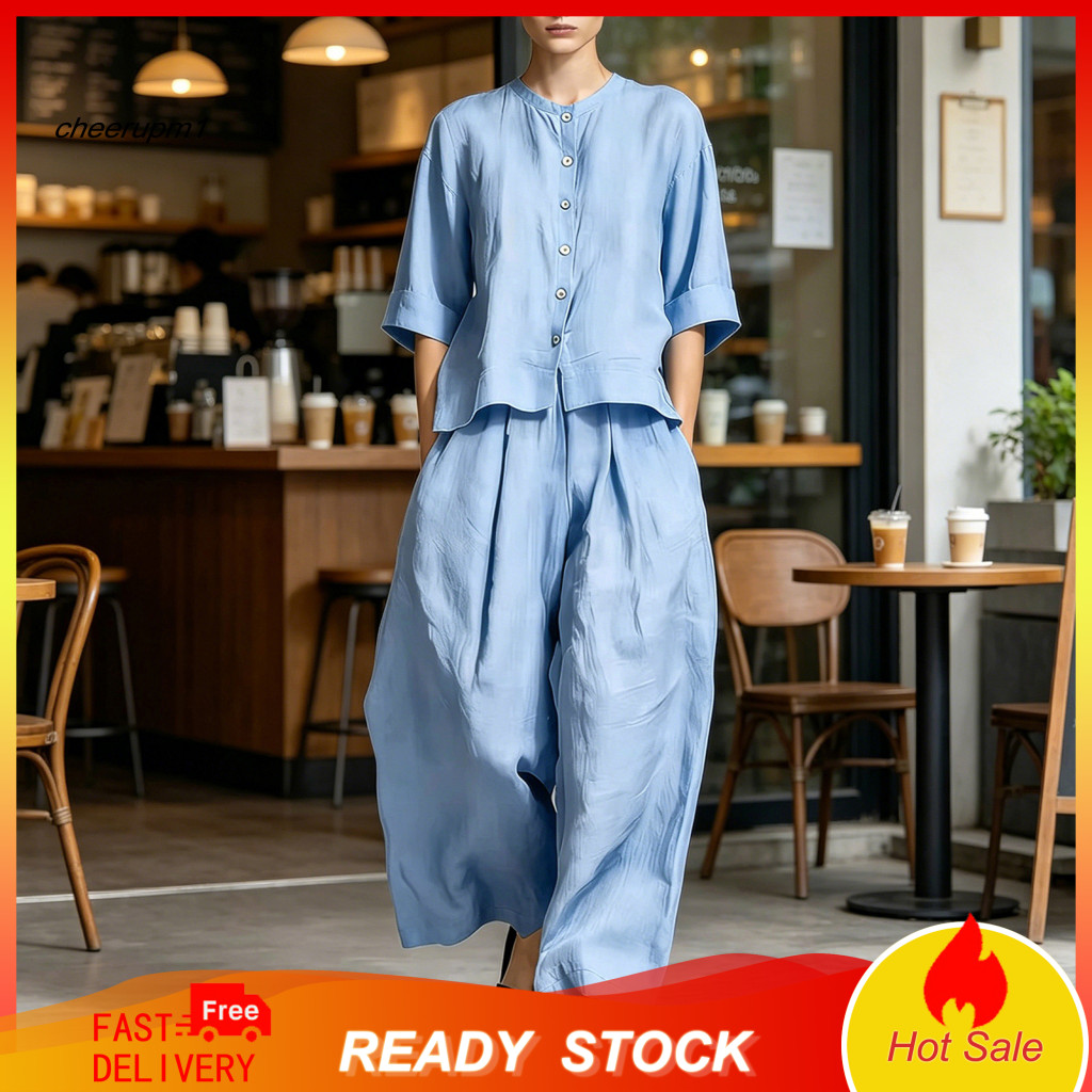 Rolled Cuff Pants High-waisted Women Summer Women’s Cotton Linen 2-piece Set – Button Down Short Sleeve Top Wide Leg