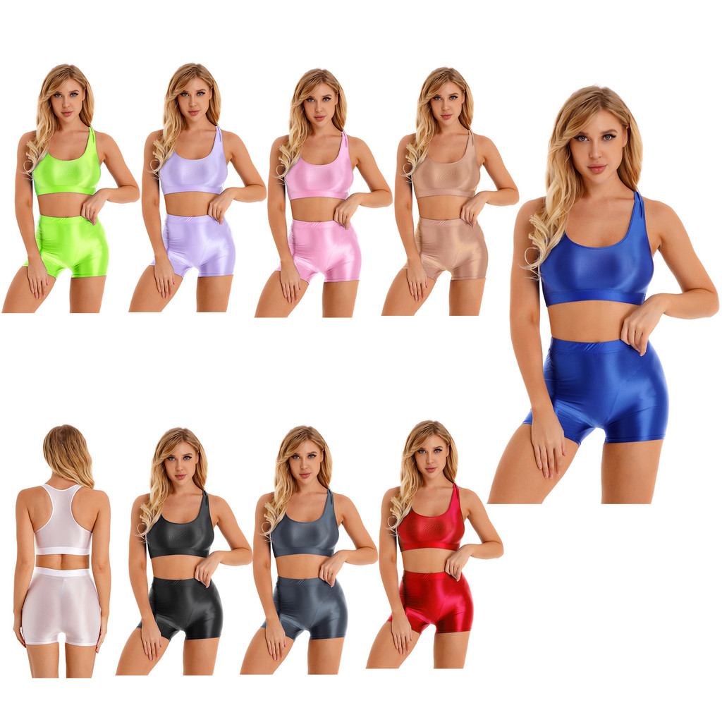 inhzoy Womens Glossy Sleeveless U Neck Tank Top with Mid-Waisted Shorts for Sports Fitness Yoga Swimwear