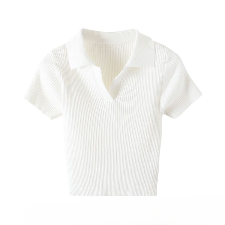 Solid Color Knitted Short Sleeve T-Shirt For Women 2026 Summer New Style Slim Fit High Waisted Short Polo Collar Top For