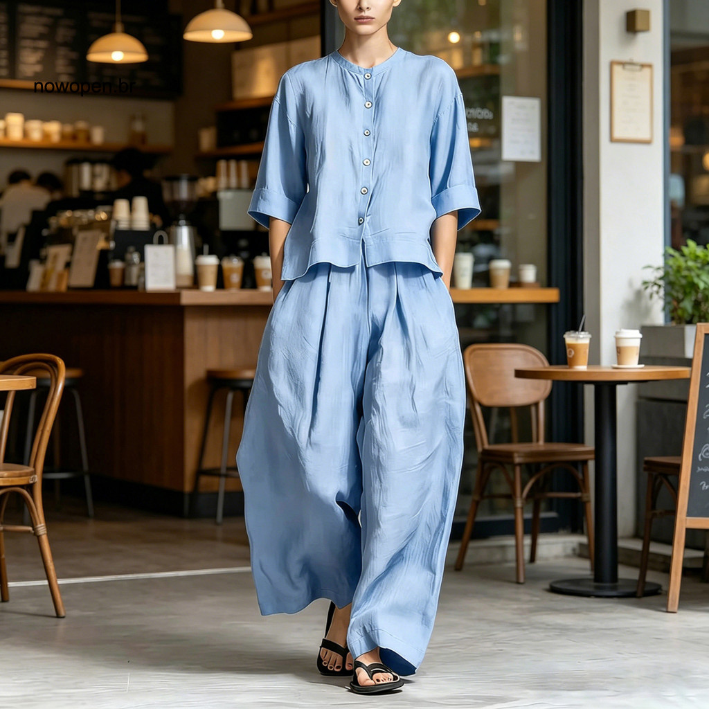 High-waisted Pants Women Rolled Cuff Summer Women’s Cotton Linen 2-piece Set – Button Down Short Sleeve Top Wide Leg