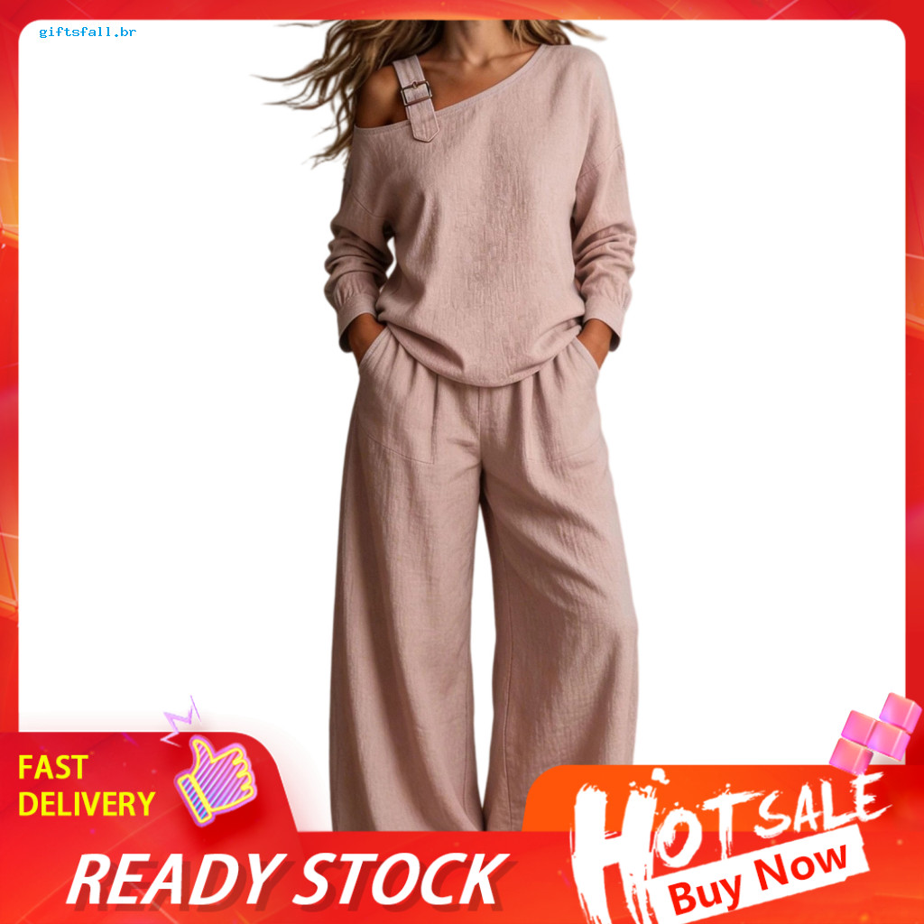 Relaxed Fit Women Suit High Waisted Wide Leg Pants Set Women’s Fall Two-piece – Off-shoulder Long Sleeve Top Waist L
