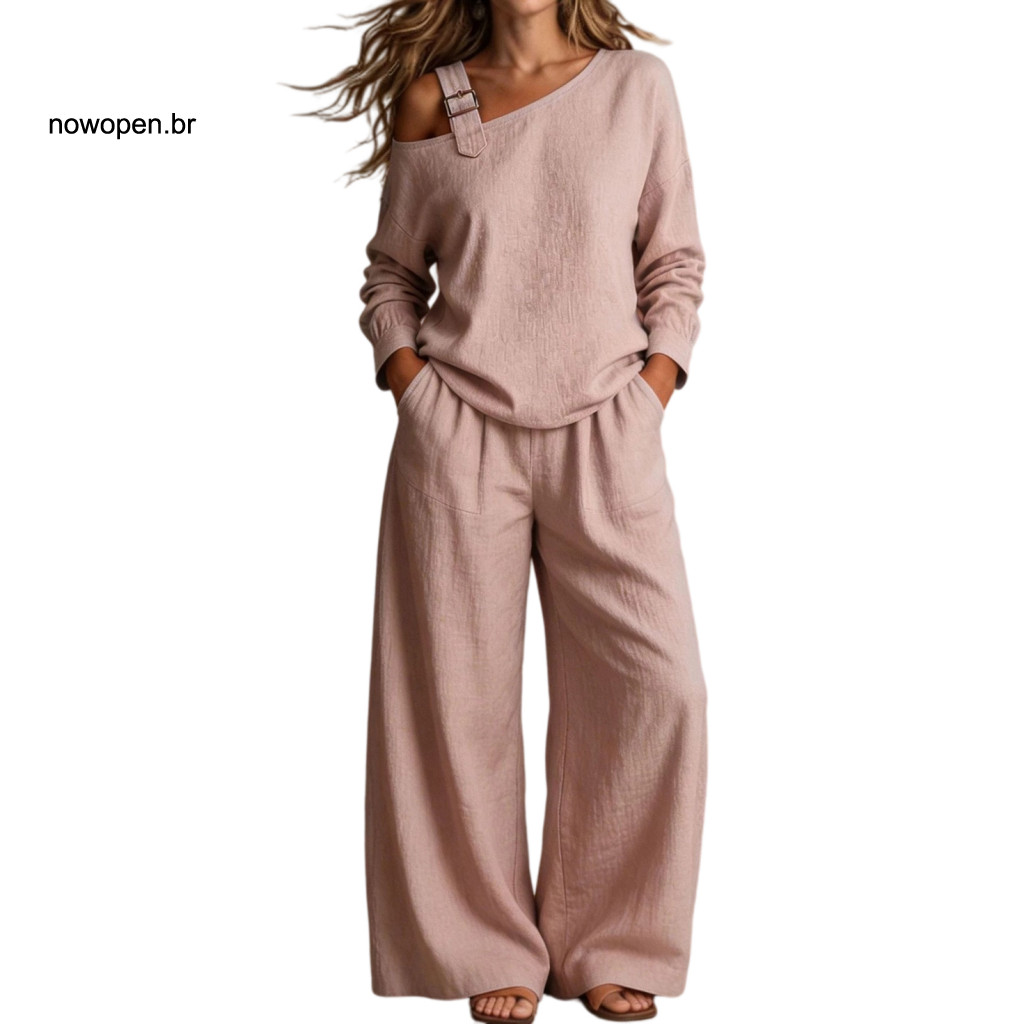Loose Fit Long Sleeve Top High Waisted Wide Leg Pants Set Women’s Fall Two-piece – Off-shoulder Waist Lounge for Sty