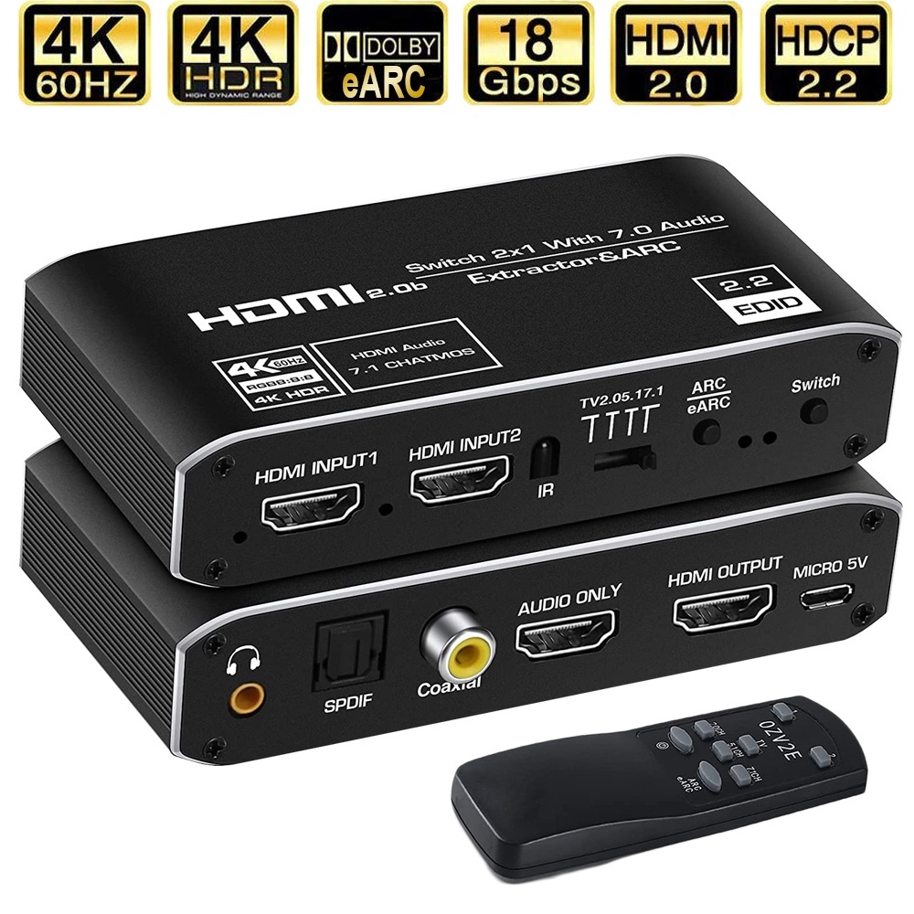 Interruptor Extrator De Áudio 2x1 4K HDMI EARC Com ARC E Óptico Toslink 2.0 Switch 4K 60Hz Para/Coaxial