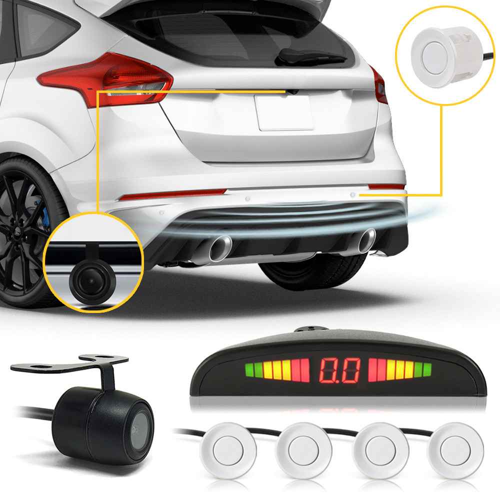 Kit Sensor de Ré 2.5cm Branco + Câmera Ré Spin 2012 2013 2014 Largura 2,5cm Furo 2,2cm