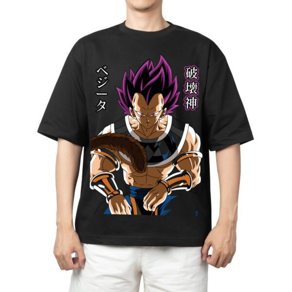 Camiseta Masculina Feminina Oversized Estampa Vegeta Deus da Destruição com cabelo roxo e cauda de macaco