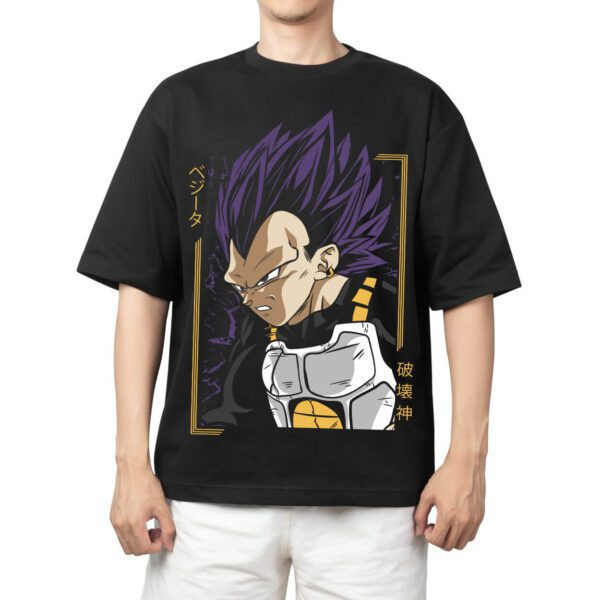 Camiseta Masculina Feminina Oversized Estampa Vegeta Instinto de Destruição com Cabelo Roxo Moldura Dourada
