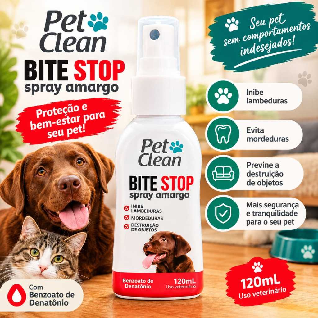 Spray Amargo para Adestramento Bite Stop Pet Clean - Anti-lambida, Mordida e Destruição de Objetos - 120 ml