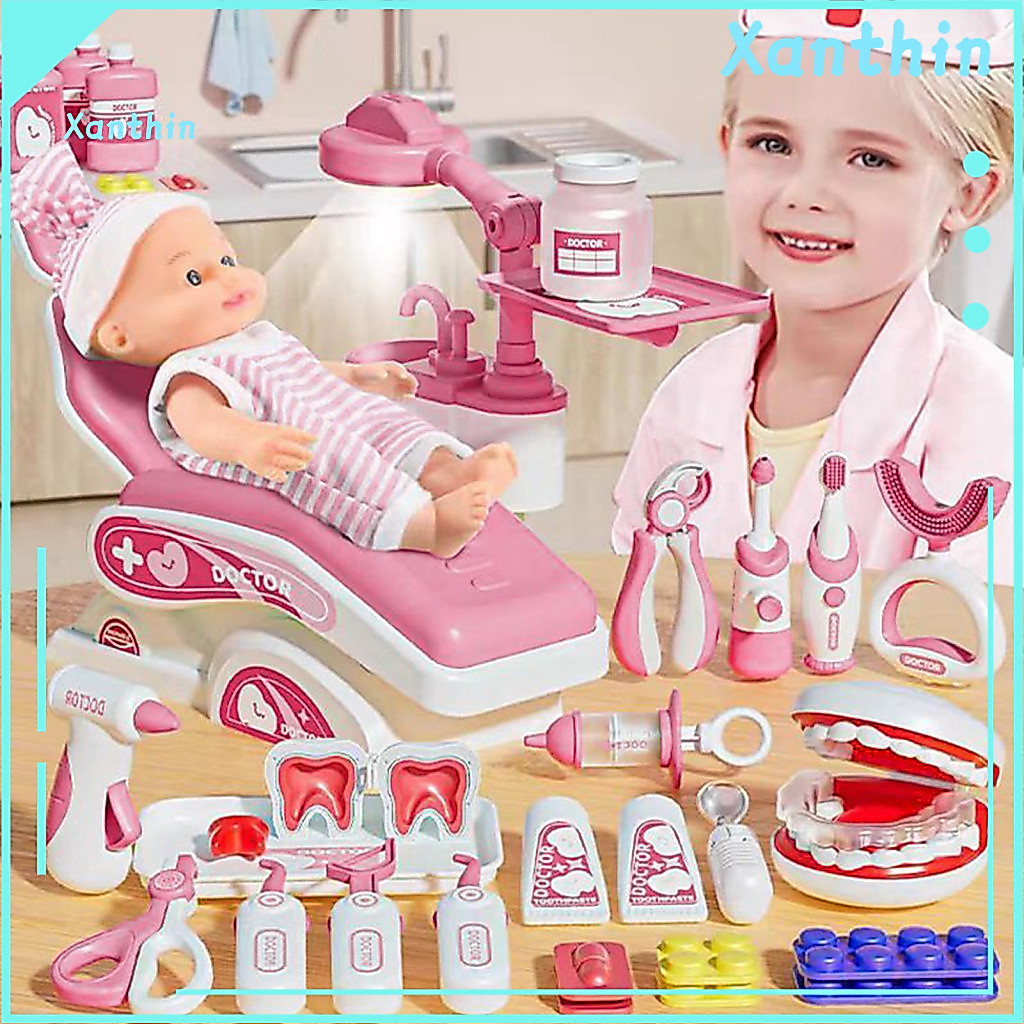 Play House Toys Dental Chair Medical for Kids Dentist Kit for Toddlers Playset with Rotating Table Operating Light Water