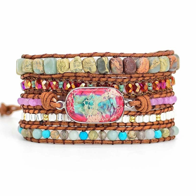Pulseira de cordão de couro com cinco camadas de pedra natural, com acabamento em Pedra Imperador, acessório feminino.