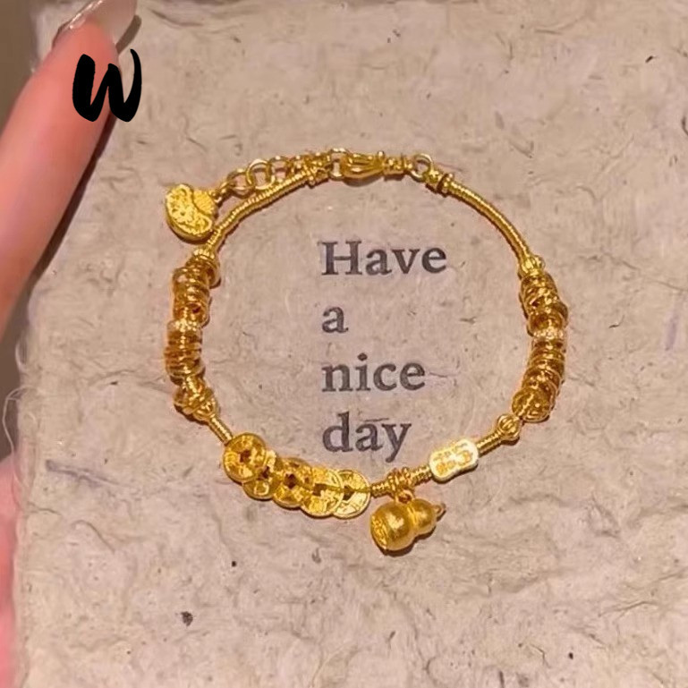 Pulseira Ouro Dinastia Qing Cinco Moedas Dos Imperadores Escrituras Cabaça Bênção Cartão Enrolamento Br