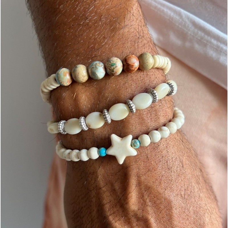 Estilo de férias boêmio concha pulseira ins nicho masculino empilhado imperador pedra branco turquesa estrela de cinco p