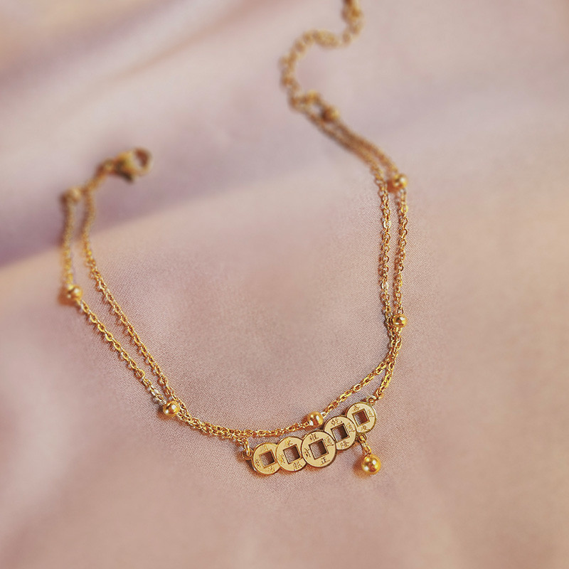 Tornozeleira feminina cinco imperadores dinheiro 2026 novo estilo moderno ouro 18k High-End sentimento senhoras pé corre