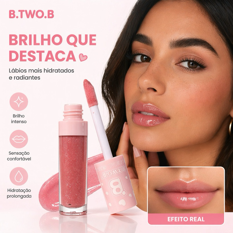 B.TWO.B Lip Gloss Brilhante com Glitter Fino, Acabamento de Vidro, Realça o Tom de Pele