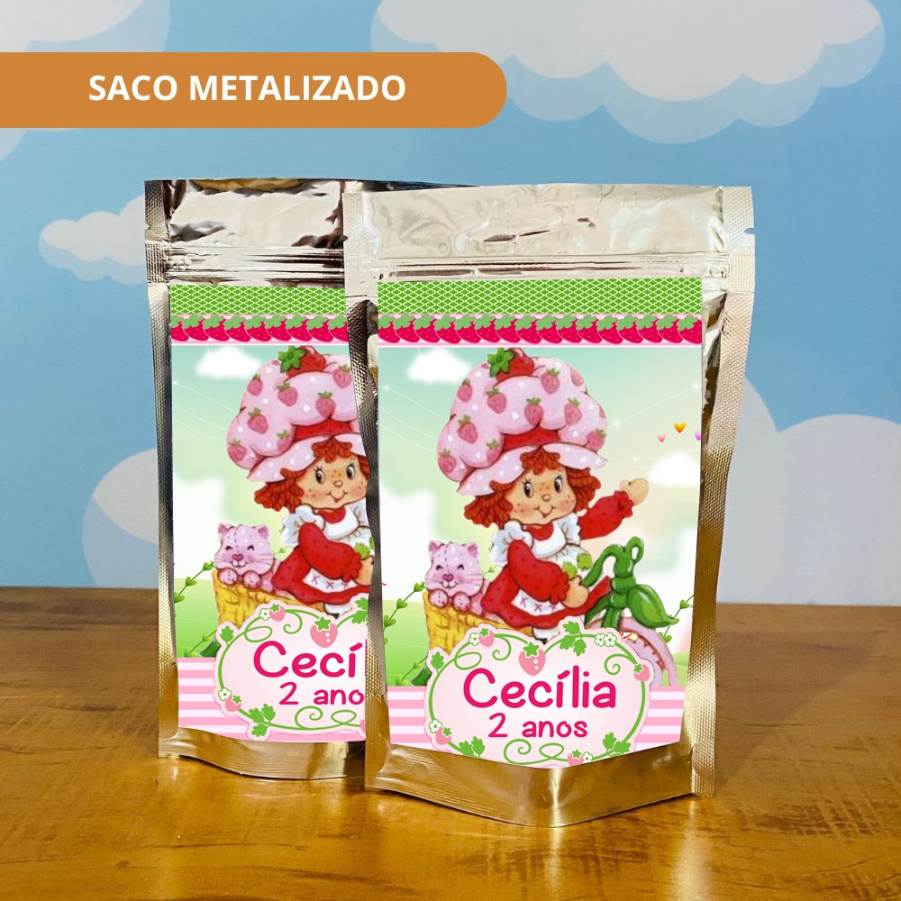 40 Saco Zip Lock Personalizado MORANGUINHO VINTAGE Metalizado Lembrancinha