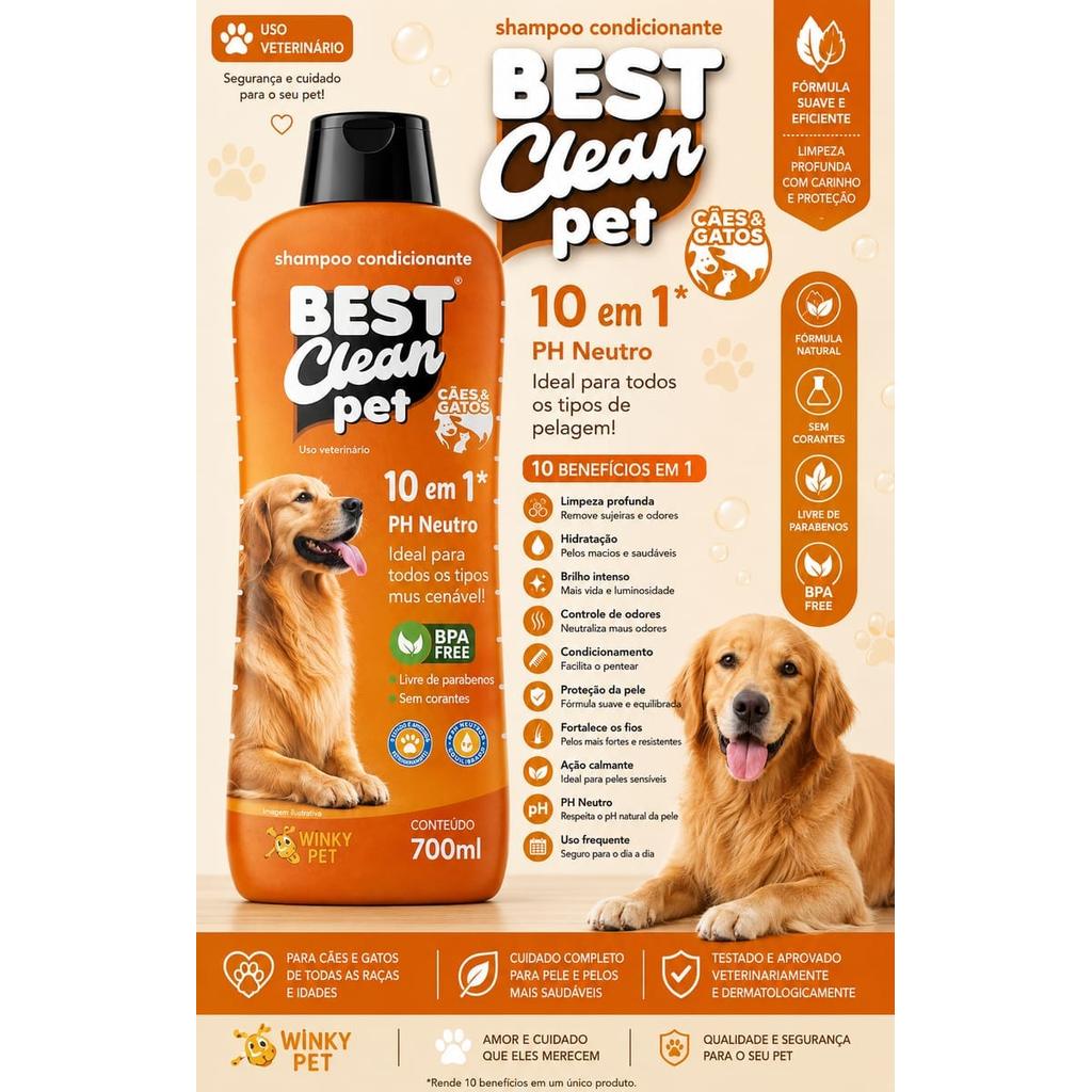Shampoo Condicionante Best Clean Pet 10 em 1 700ml pH Neutro Cães e Gatos Uso Diário Bomba de Vitaminas