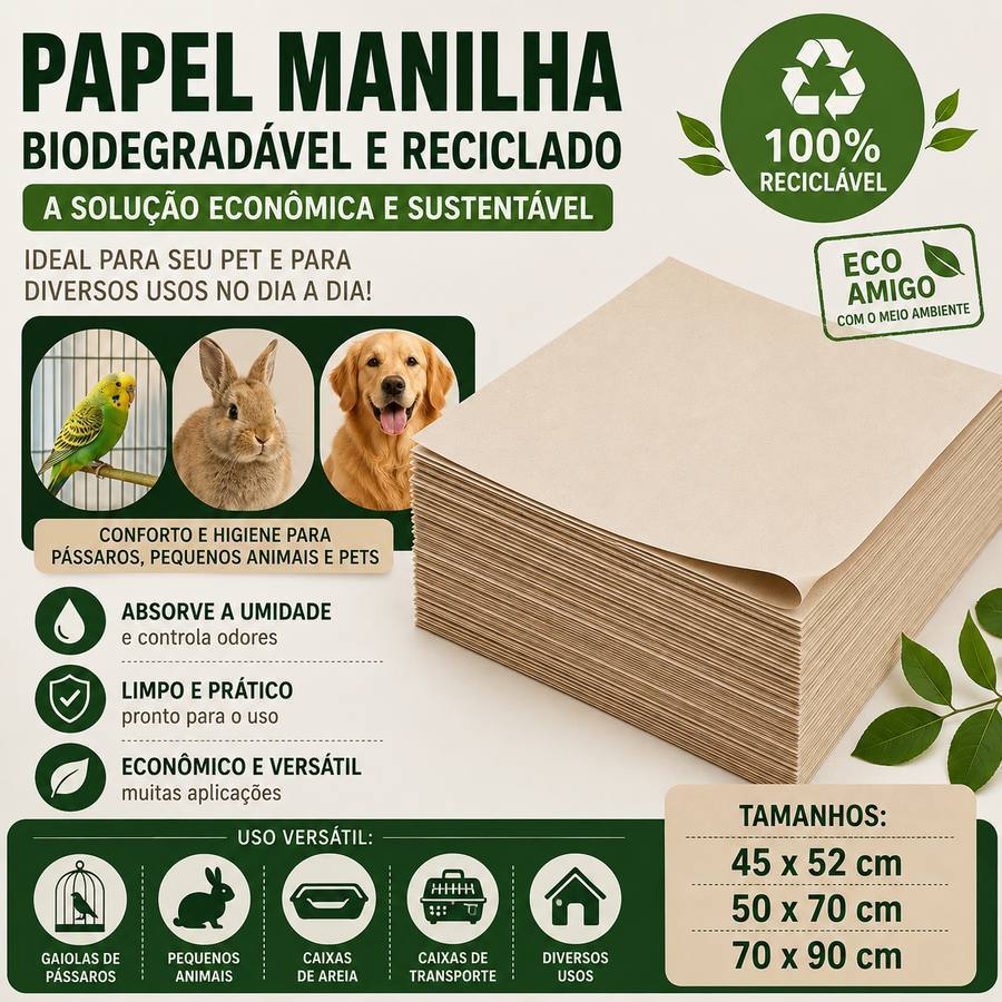 Papel Manilha Resma Limpo Multiuso Biodegradável, Reciclado e Econômico Pet Gaiolas