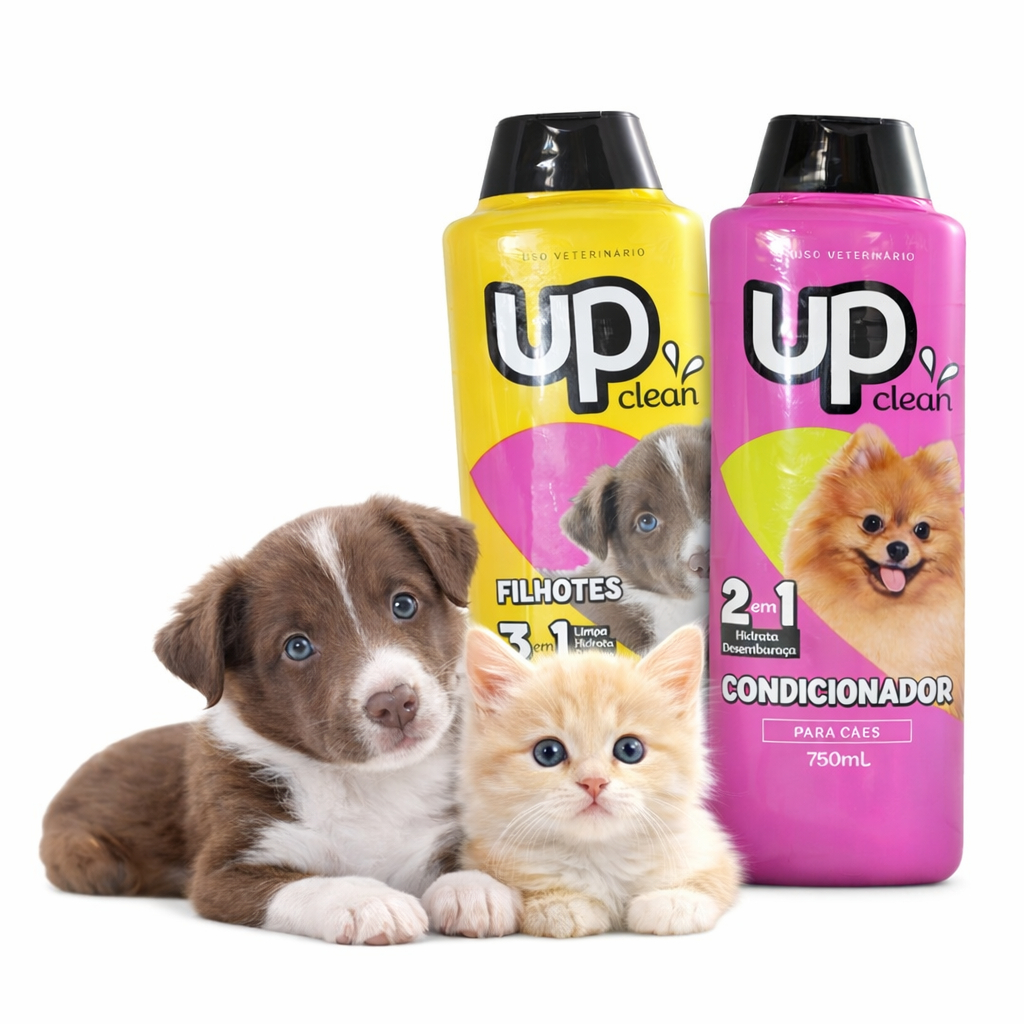 Kit Shampoo Filhotes 750ml + Condicionador 750ml UP Clean Cães e Gatos | Pele Sensível Uso Frequente