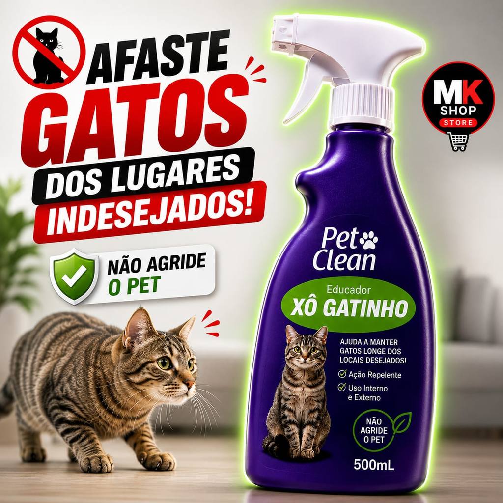 Repelente Xô Gatinho Pet Clean 500ml Educador Afasta Gatos de Sofás Plantas Portas Jardim Uso Interno e Externo Seguro