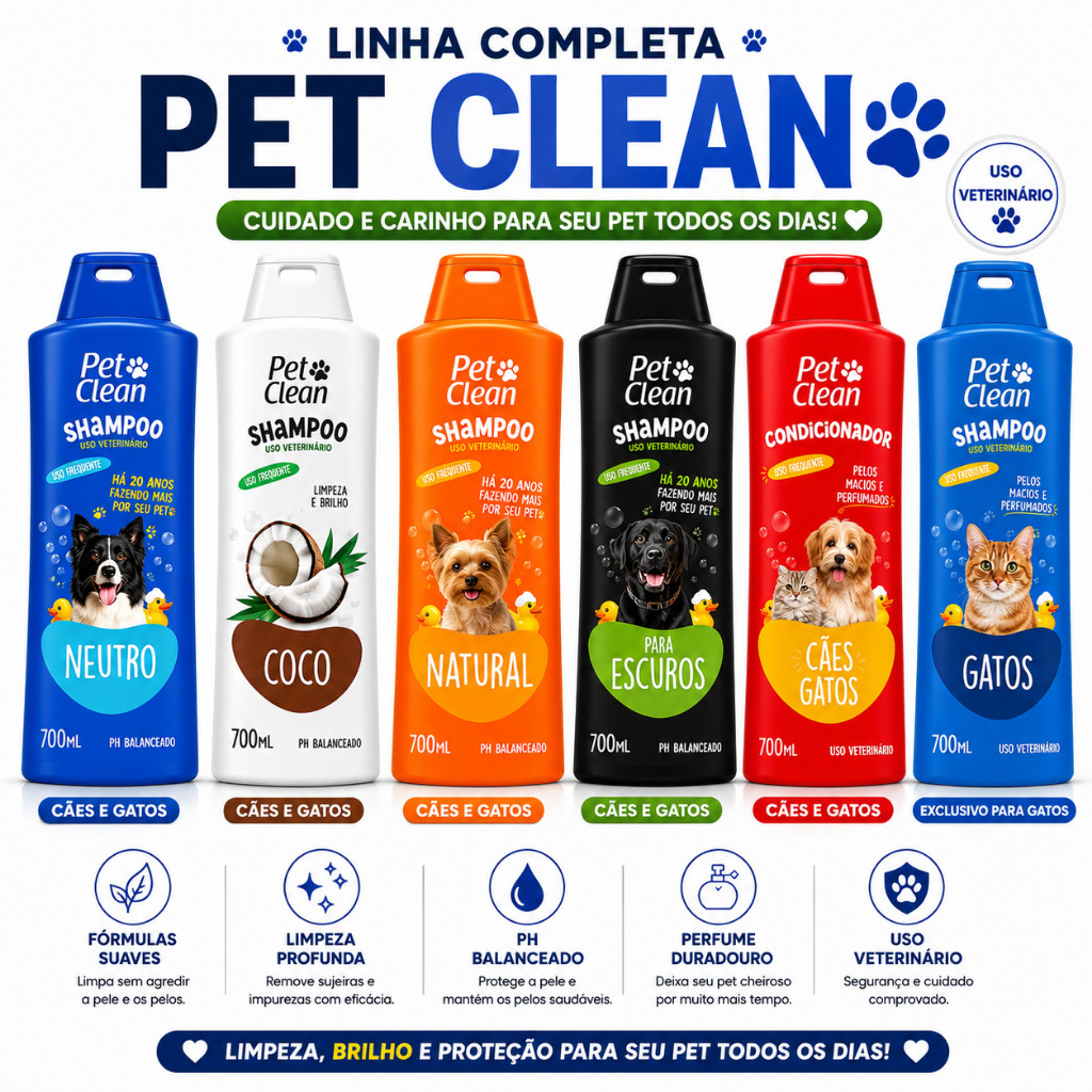 Shampoo e Condicionador Pet Clean 700ml Cachorro e Gato- Uso Veterinário Neutro, Coco, Natural, Gatos Pelos Escuros