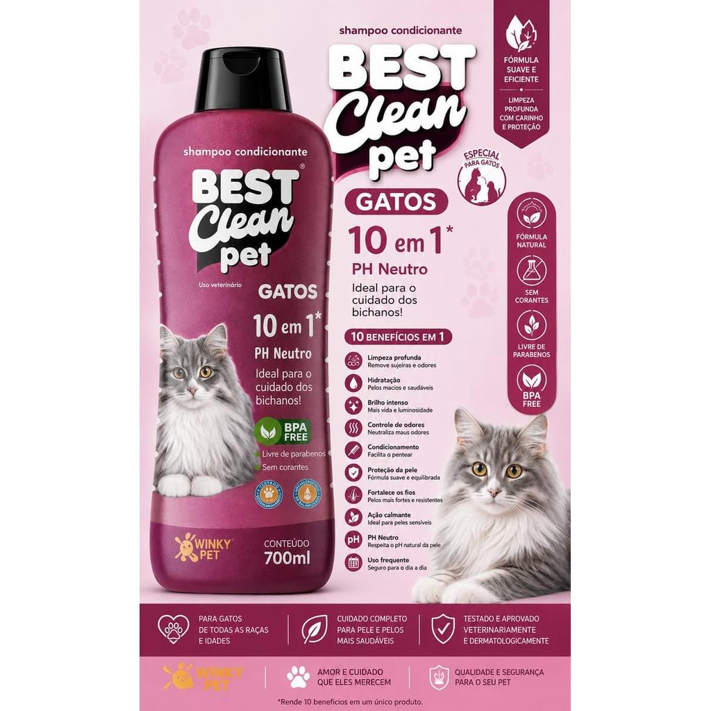 Shampoo Condicionante 10 em 1 para Gatos Best Clean Pet 700ml PH Neutro Sem Parabenos Uso Veterinário