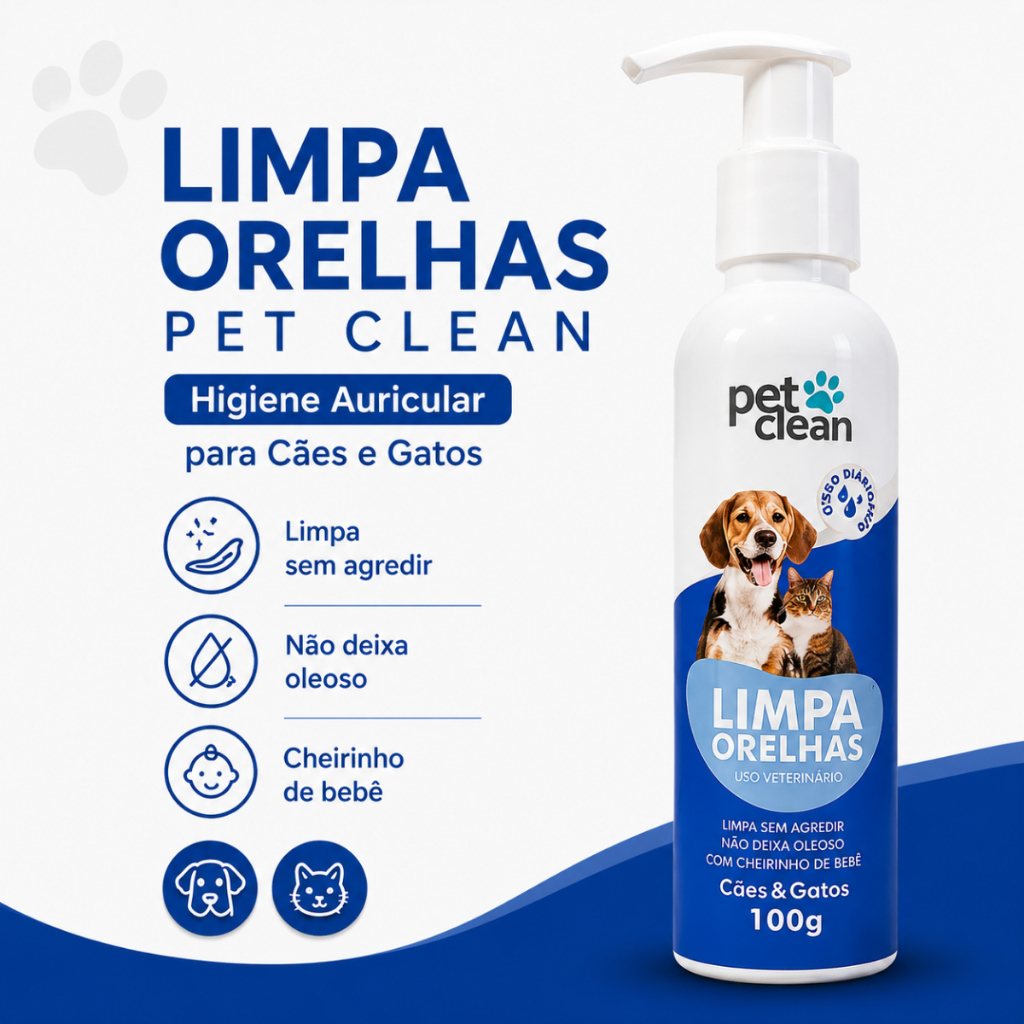 Limpa Orelhas Cães e Gatos Pet Clean 100g Removedor de Cera Higiene Auricular Uso Veterinário