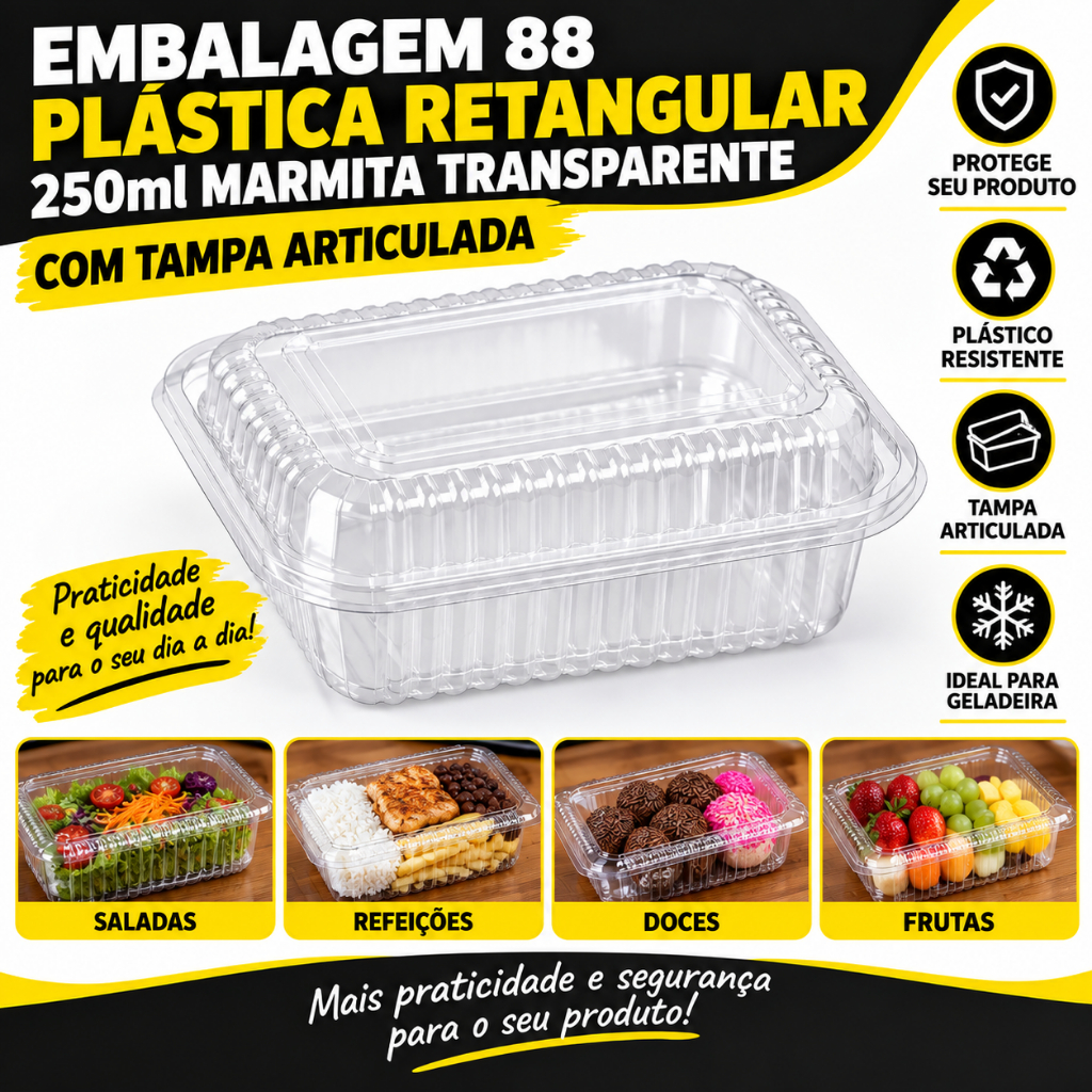 Embalagem 88 Plástica Retangular 200 unidades 250ml marmita transparente com tampa articulada