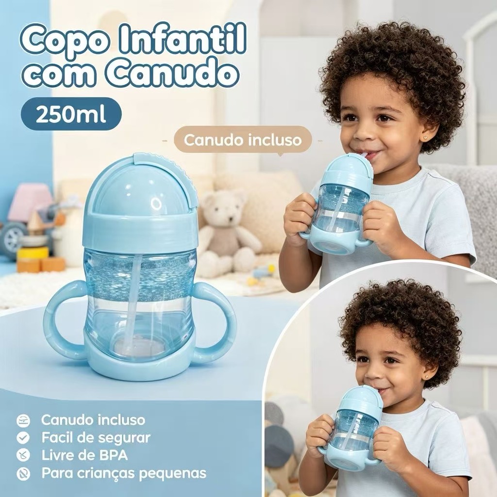 Copo Infantil 250ml com Canudo e Tampa Garrafa de Água para Bebê com Alça Portátil
