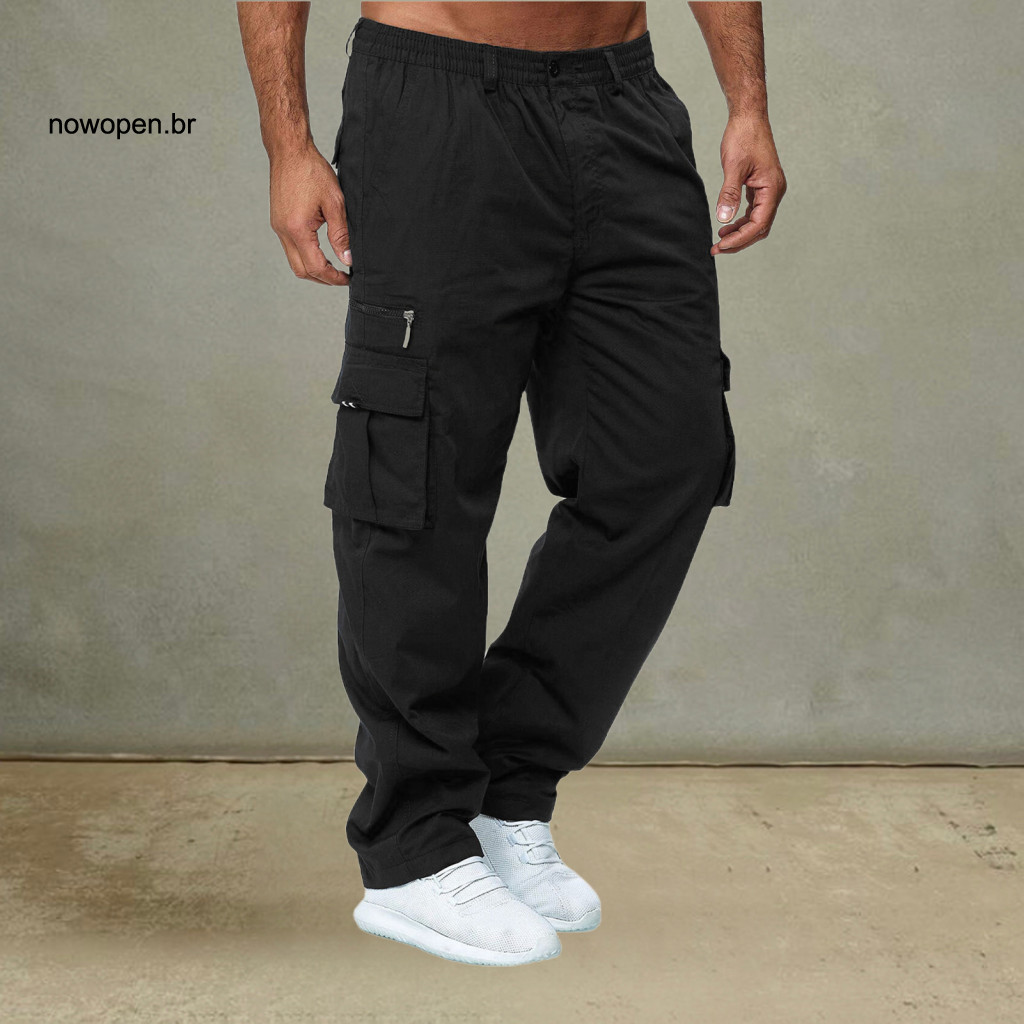 Reinforced Pocket Pants Loose Sweatpants Men's Spring Fall Cargo Multi Pockets Elastic Waist Stretchy Straight Leg Jogge