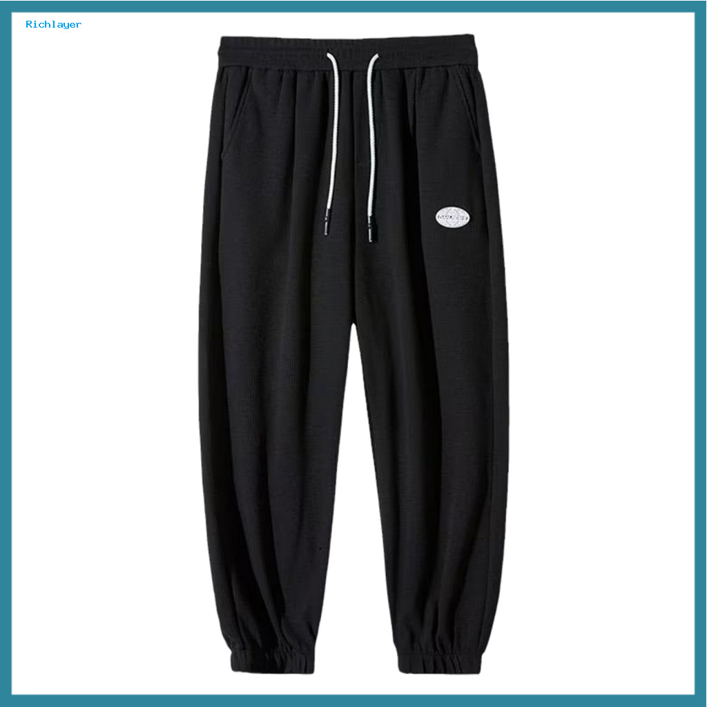 Loose Bottoms Solid Color Pants with Pockets Men's Casual Spring Fall Side Drawstring Elastic Waist Plus Size Ankle-band