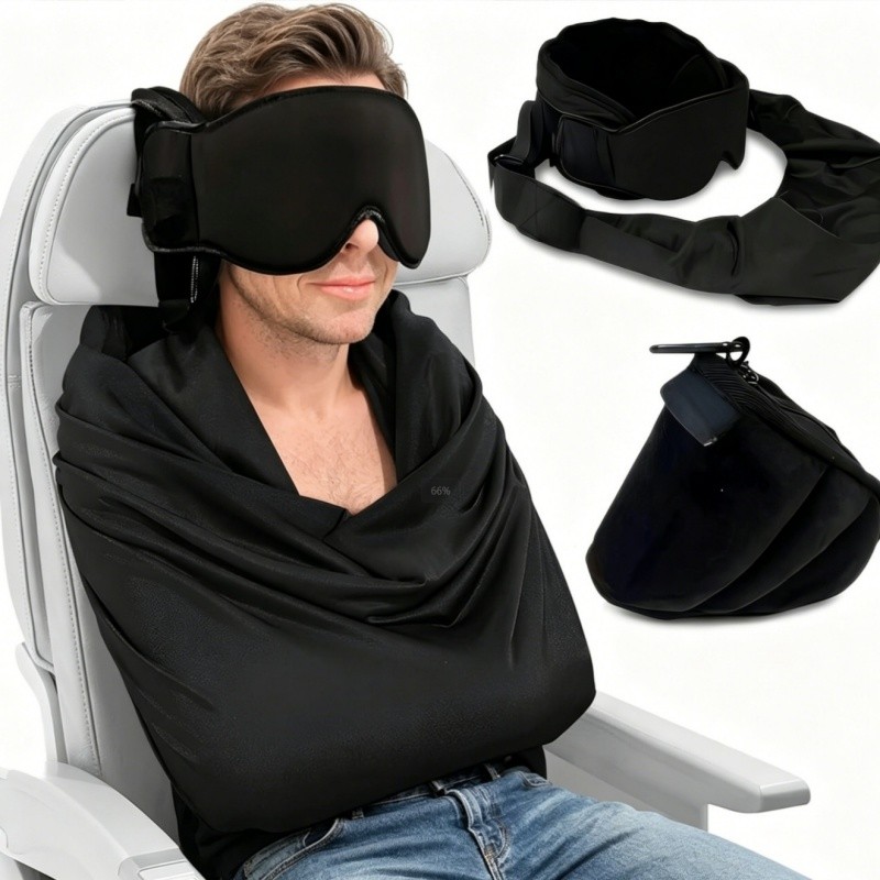 3-in-1 Travel Sleep Kit | Flight Pillow, Eye Mask & Body Strap, Portable for Airplane