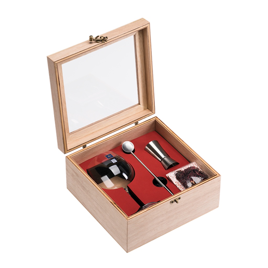 Kit Gin Caixa Madeira Taça Cristal 600ml Mexedor Dosador Top