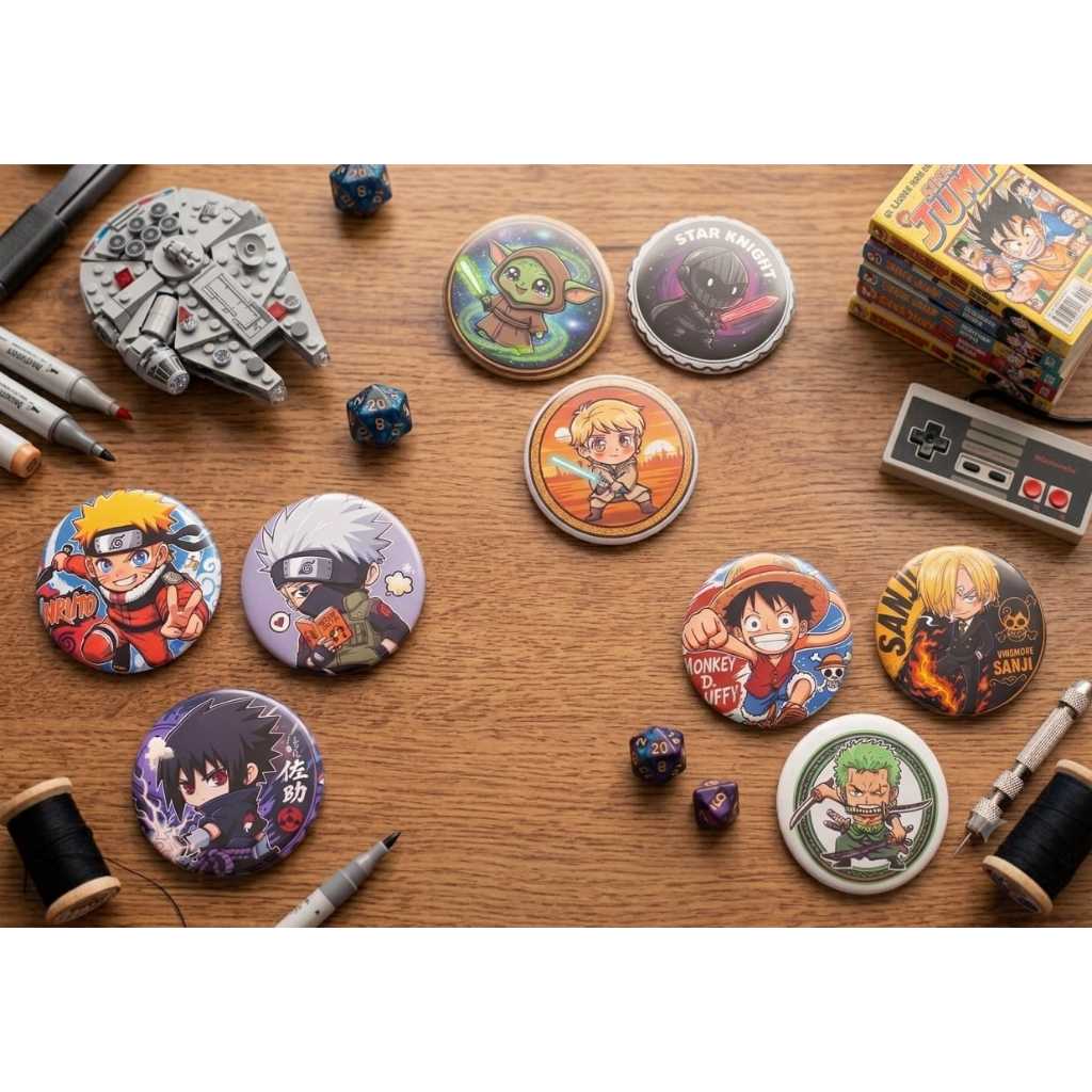 Kit com 3 Bottons 44mm + chaveiro de Brinde - Naruto | One Piece | Star Wars