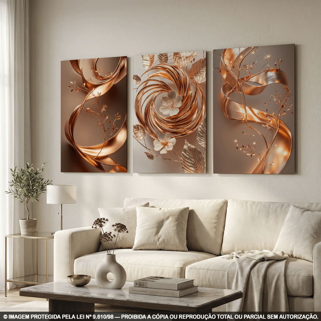 Quadros Decorativos Abstrato Dourado Geométrico Floral 3D Luxo Kit 3 Peças Moderno Elegante Sala Premium