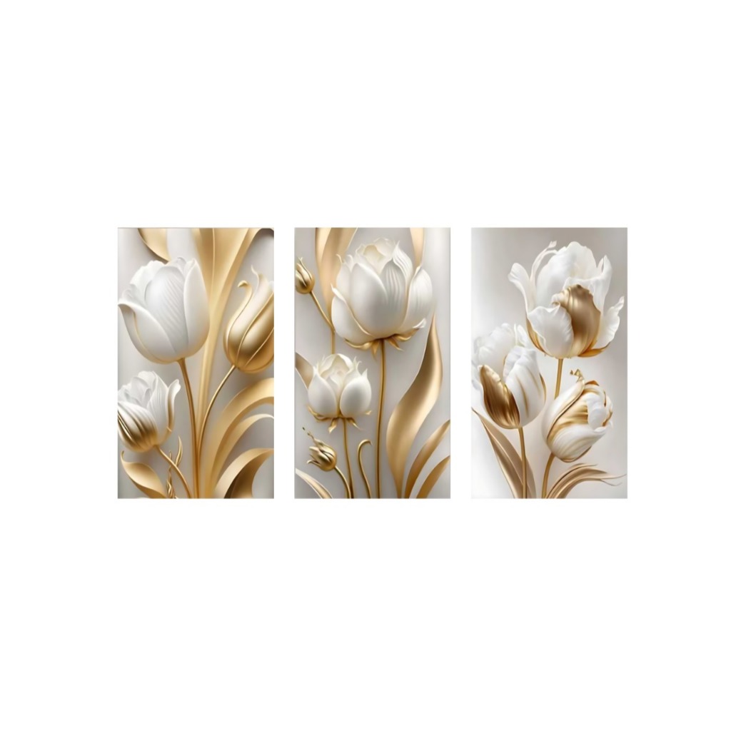 Quadros Decorativos Sala 3 Peças 50x30 Flores Tulipas Brancas Gold Flor 4k Premium