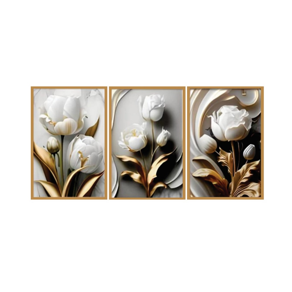 Quadros Decorativos Tulipas Brancas Douradas Ouro Mosaico Sala Quarto Escritório premium