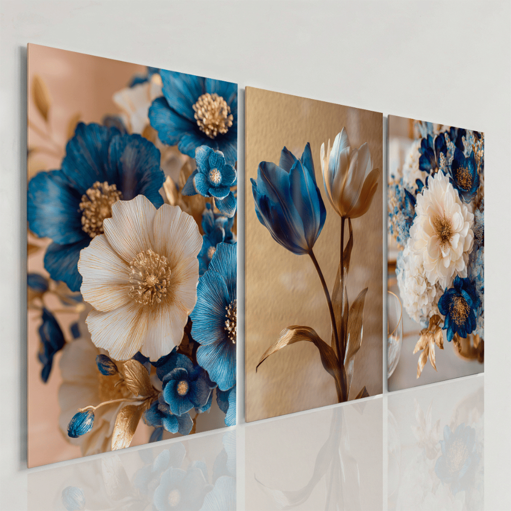 Quadro Decorativo Floral Premium Azul Bege e Dourado Kit 3 Quadros Sala Moderna