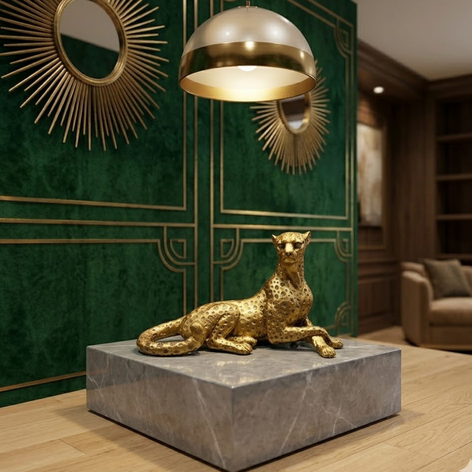Figura Guepardo Gold Art  Enfeite Decorativo Moderno Sala Luxo Estátua Felino Dourado Premium