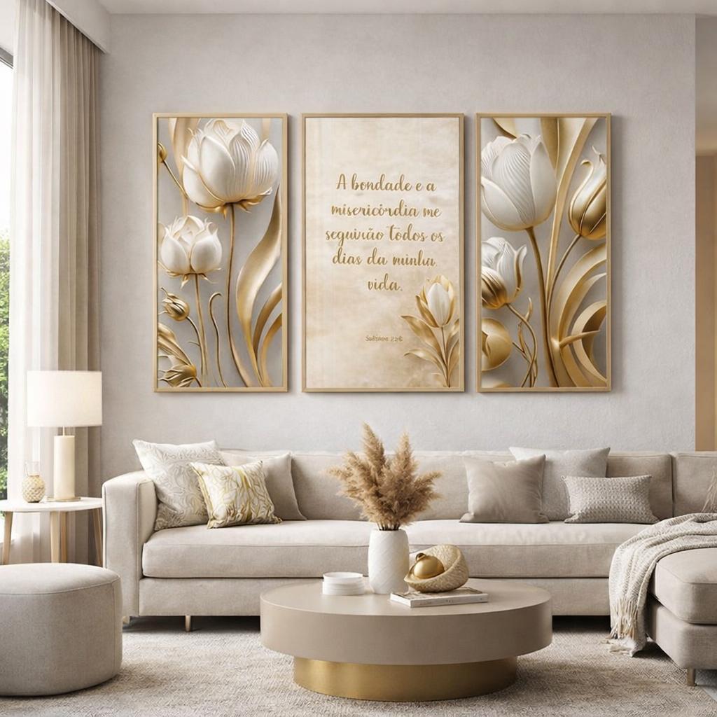 Quadro Decorativo Flores Tulipas Douradas Salmo Premium Luxo Quarto Sala
