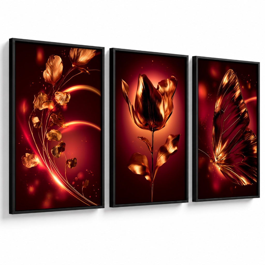 Kit 3 Quadros Decorativos Luxo Premium Bordô e Dourado para Sala Moderna