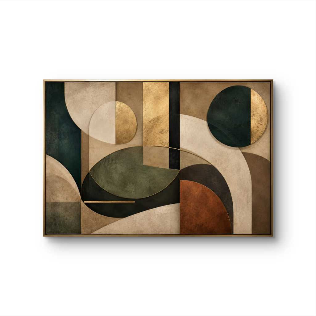 Quadro Decorativo Abstrato Geométrico Verde e Dourado – Arte Moderna Premium para Sala