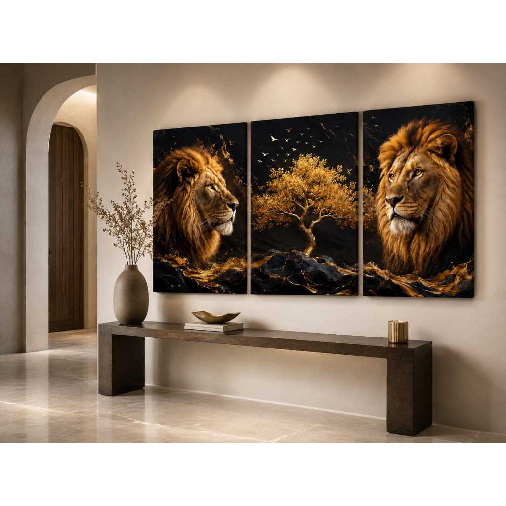 Trio de quadros leão dourado árvore da vida preto dourado decoração sala moderna luxo painel de parede elegante premium