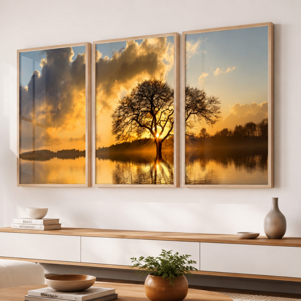 Kit 3 Quadros Decorativos Pôr do Sol Lago Árvore Dourada Sala Moderna Luxo Vidro Premium Duo