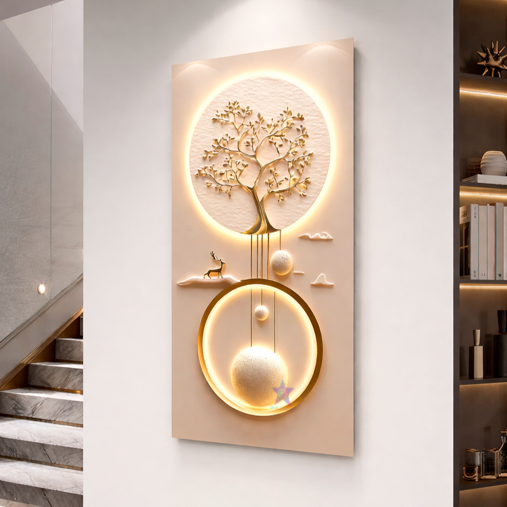 Quadro Decorativo Árvore da Vida Cervo Dourado 4 Modelos Luxo Premium para Sala Quarto Hall
