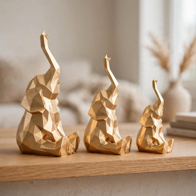 Kit 3 Elefantes Decorativos Dourados Geométricos Luxo Sala Escritório Decoração Premium