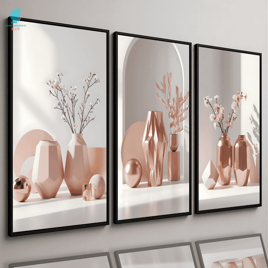 Quadros Decorativos Trio Vasos Geométricos Moderno Rosé Gold Premium Sala Quarto