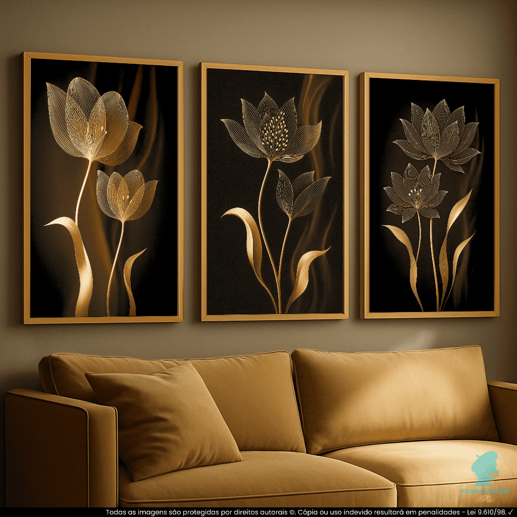 Quadros Decorativos Trio Floral Dourado Luxo Moderno Flores Premium Sala Quarto