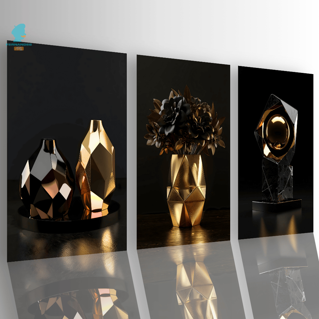 Quadros Decorativos Vasos Dourados e Preto 3D Luxo Premium Sala e Quarto