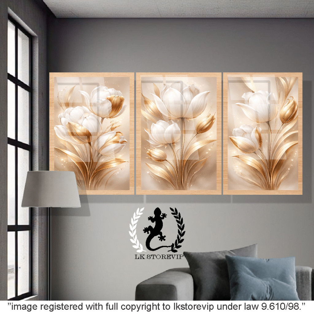 Quadros Decorativos 3 Flores Tulipas douradas e Brancas Grandes Sala Quarto Hall Premium