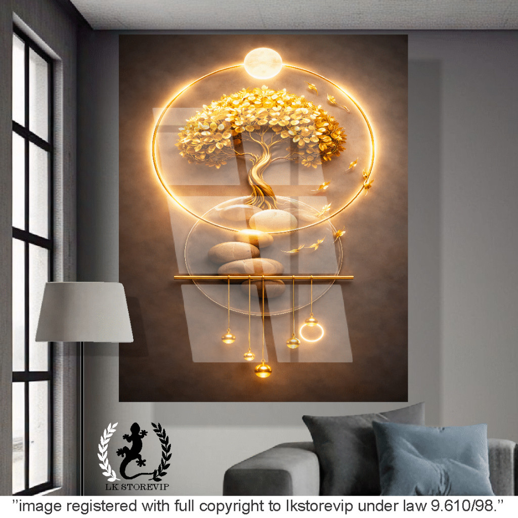 Quadro Decorativo Árvore Dourada Grande Arte Moderna de Luxo para Sala Premium