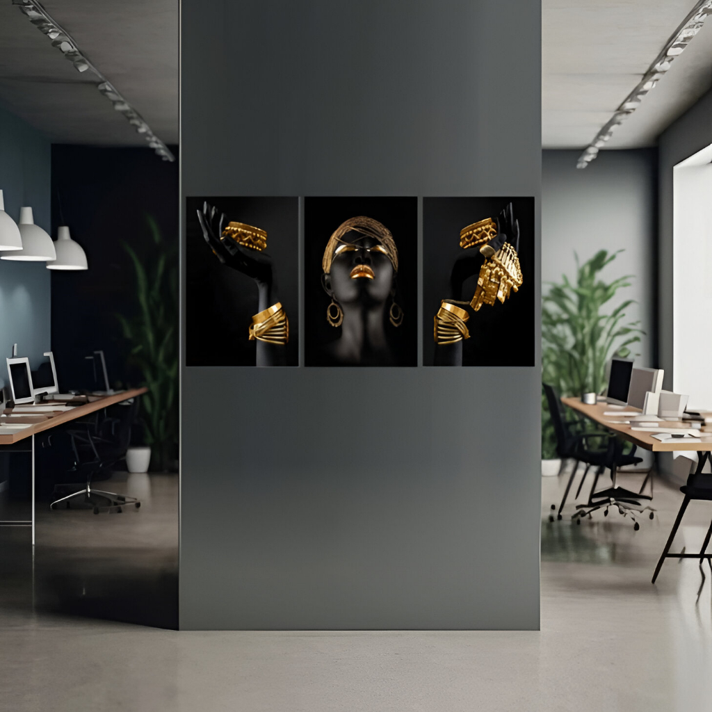 kit 3 Peças Quadro Decorativo Moderno Mulher Negra Joia Dourado Sala Quarto Luxo Premium